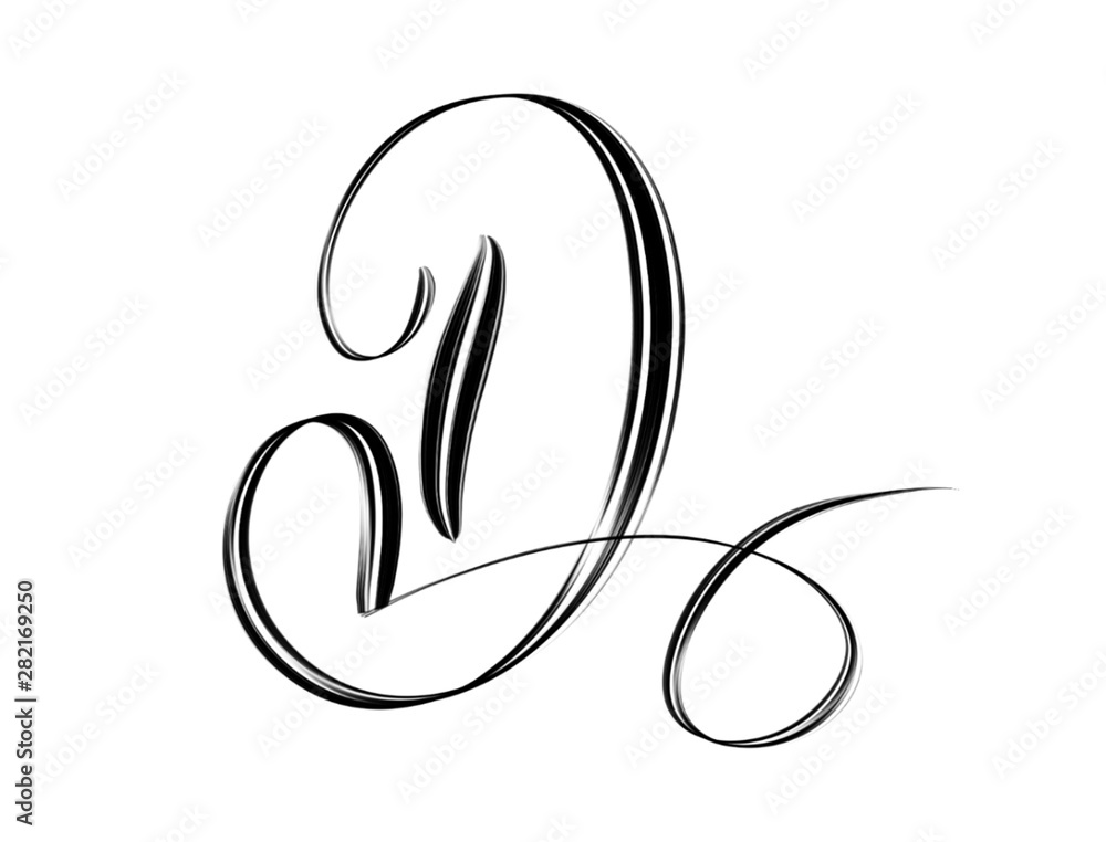 Elegant hand lettered capital D in black isolated on white background