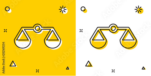 Black Scales of justice icon isolated on yellow and white background. Court of law symbol. Balance scale sign. Random dynamic shapes. Vector Illustration