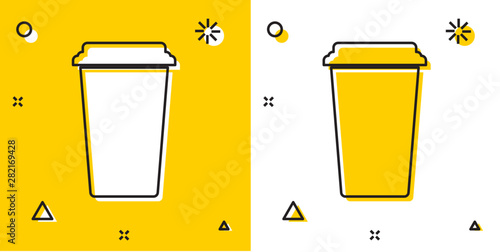 Black Coffee cup icon isolated on yellow and white background. Disposable coffee cup with hot coffee. Random dynamic shapes. Vector Illustration