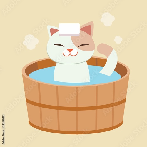The character of cute cat take a japanese hot spring bath. the cat taking a onsen. it look happy and relaxing.cat Bathing in a Barrel in an onsen bath outdoor.the character of cute cat in flat vector