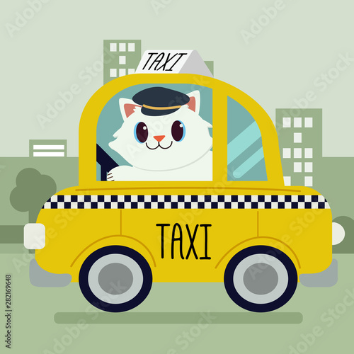 The character cartoon of cute cat driving a taxi car . the yellow taxi car . cat driving a taxi car. it look happy . cat driving a taxi car in the green city.the character of cute cat in flat vector.