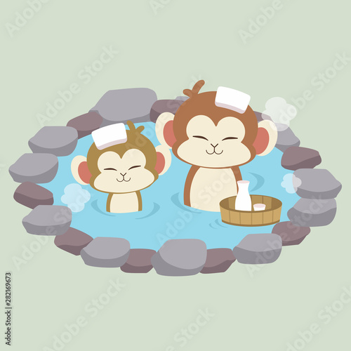 The character of cute monkey take a japanese hot spring bath. the monkey taking an onsen. it look happy and relaxing.cat Bathing in an onsen bath outdoor.the character of cute monkey in flat vector.