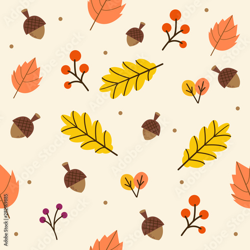 The seamless pattern of autumn or fall leaves in the yellow background. pattern of leaf. the autumn leaves set. maple leaf. The pattern of autumn leaf. The leaves in the cute flat vector style.