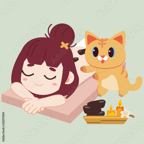 The character of girl and cat in hot stone  spa  treatments. The cat massaging the girl with hot stone. The spa have aroma candles. healthy lifestyle.The character of cute girl and cat in vectoe style