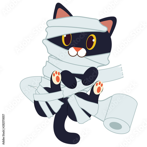 The character of cute black cat as mummy with toilet paper. The character of cute cosplay as mummy in halloween party. The holiday of halloween party. The character of cute black in flat vector style.