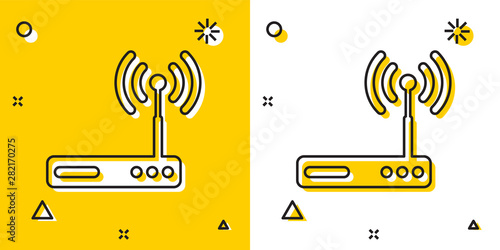 Black Router and wi-fi signal symbol icon isolated on yellow and white background. Wireless ethernet modem router. Computer technology internet. Random dynamic shapes. Vector Illustration