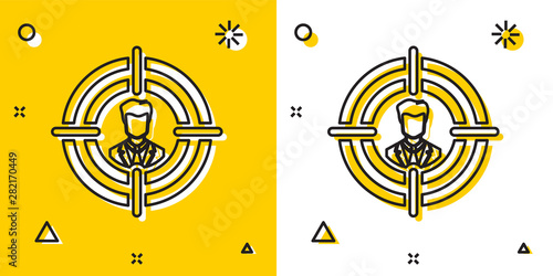 Black Head hunting concept icon isolated on yellow and white background. Business target or Employment sign. Human resource and recruitment for business. Random dynamic shapes. Vector Illustration