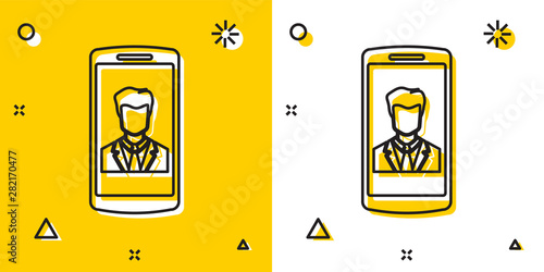Black Smartphone with contact on screen icon isolated on yellow and white background. Incoming call. Human on phone screen. Call contact. Random dynamic shapes. Vector Illustration