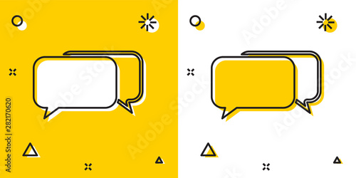 Black Chat icon isolated on yellow and white background. Speech bubbles symbol. Random dynamic shapes. Vector Illustration