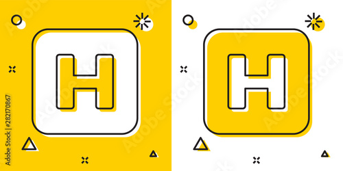 Black Hospital sign icon isolated on yellow and white background. Random dynamic shapes. Vector Illustration