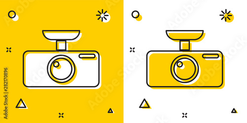 Black Car DVR icon isolated on yellow and white background. Car digital video recorder icon. Random dynamic shapes. Vector Illustration