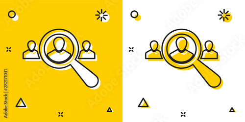 Black Magnifying glass for search a people icon isolated on yellow and white background. Recruitment or selection concept. Search for employees and job. Random dynamic shapes. Vector Illustration
