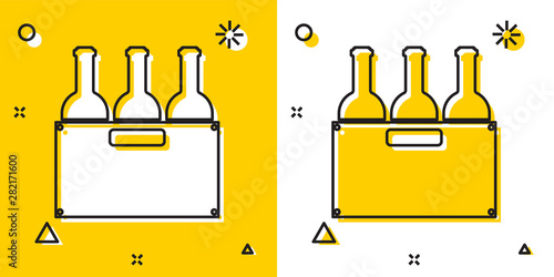 Black Bottles of wine in a wooden box icon isolated on yellow and white background. Wine bottles in a wooden crate icon. Random dynamic shapes. Vector Illustration