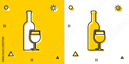 Black Wine bottle with wine glass icon isolated on yellow and white background. Random dynamic shapes. Vector Illustration