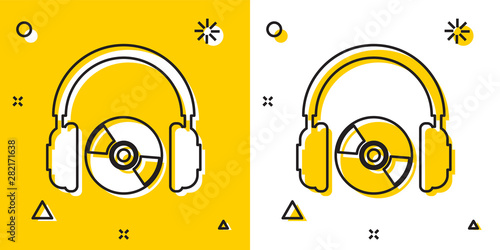 Black Headphones and CD or DVD icon isolated on yellow and white background. Earphone sign. Compact disk symbol. Random dynamic shapes. Vector Illustration