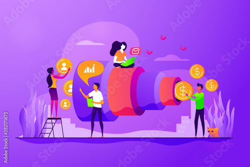 Sales funnel and lead generation. Marketing strategy. Sales pipeline management, representation of sales prospects, customer prospects lifecycle concept. Vector isolated concept creative illustration