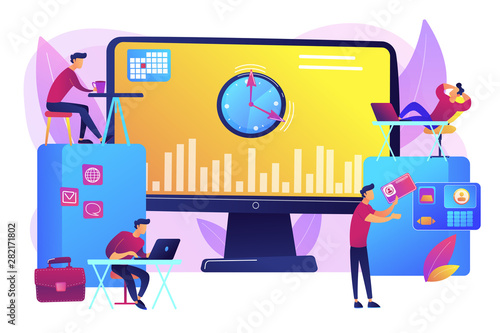 Work performance on schedule. Staff discipline. Time and attendance tracking system, office time tracking, employee time management concept. Bright vibrant violet vector isolated illustration