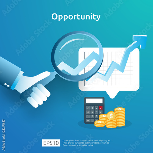 business idea analytic and opportunity research concept with increase growth graphic chart and magnifying glass on hand. Finance performance of return on investment ROI illustration with arrow element