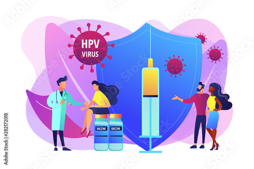 HPV infection medication. Virus prevention. HPV vaccination, protecting against cervical cancer, human papillomavirus vaccination program concept. Bright vibrant violet vector isolated illustration