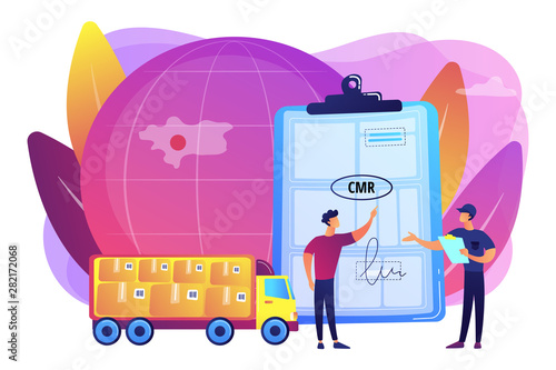 Worldwide logistics and distribution contract. Road transport documents, CMR transport document, international transportation regulation concept. Bright vibrant violet vector isolated illustration