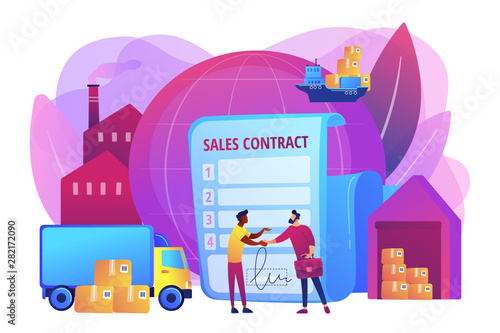 International business partnership, global trade. Sales contract terms, Incoterms terms, international trading regulations concept. Bright vibrant violet vector isolated illustration