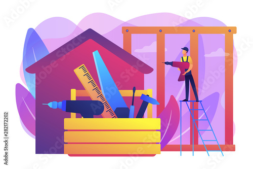 Building construction site. Handyman working. Carpenter services, building maintenance and home renovation, get local carpenters concept. Bright vibrant violet vector isolated illustration