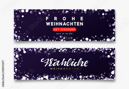 German Frohliche Weihnachten translation Merry Christmas. Horizontal banner Merry Christmas and Happy New Year on dark blue background handwritten calligraphy text  bright bokeh lights.