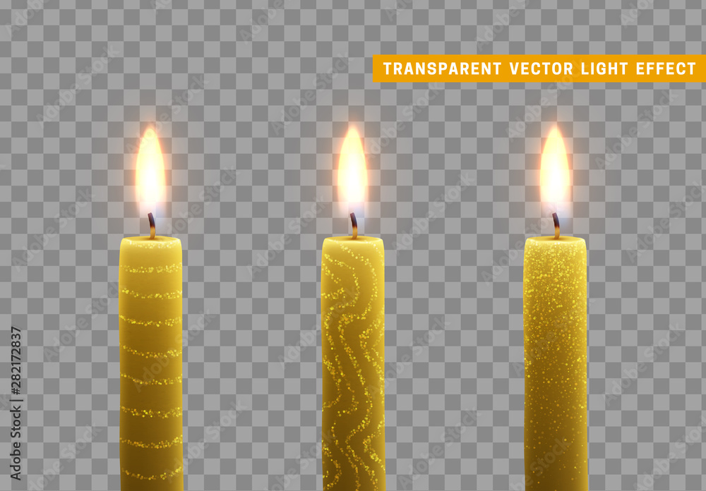 Candles burn with fire. Set of paraffin candles realistic isolated on transparent background.