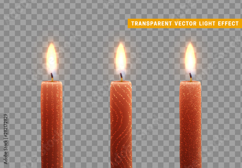 Candles burn with fire. Set of paraffin candles realistic isolated on transparent background.