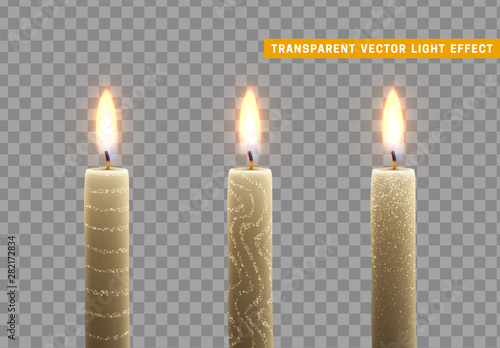 Candles burn with fire. Set of paraffin candles realistic isolated on transparent background.