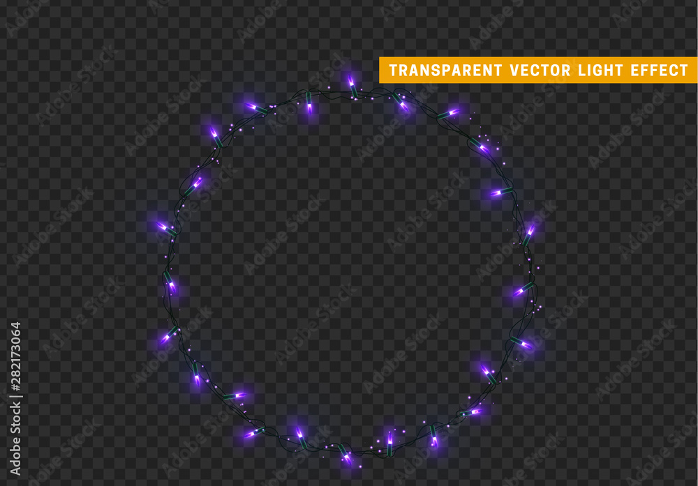 Christmas wreath, frame of New Year's bright glowing lights of garlands. Light effect Xmas decoration round ring. Isolated on a transparent background. Design element. vector illustration. Christmas wreath, frame of New Year's bright glowing lights of garlands. Light effect Xmas decoration round ring. Isolated on a transparent background. Design element. vector illustration.
