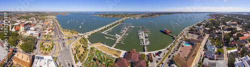 Bridge of Lions aerial view panorama over Matanzas River in St. Augustine, Florida, USA.