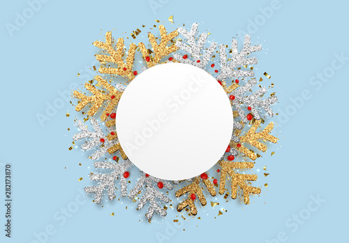 Festive banner with space for text. Background snowflakes strewn with bright sparkles. Winter festive pattern. Glitter snowflakes texture. Christmas backdrop. Xmas decoration. vector illustration