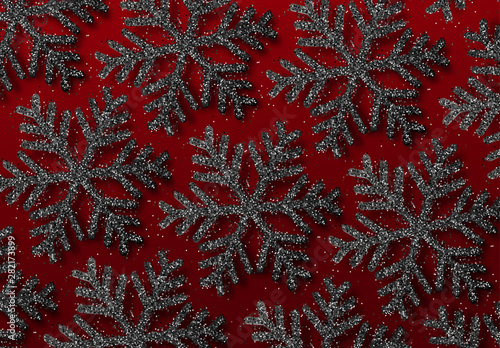 Background Black snowflakes strewn with bright sparkles. Winter festive pattern. Glitter dark snowflakes texture. Christmas backdrop. Xmas decoration. vector illustration