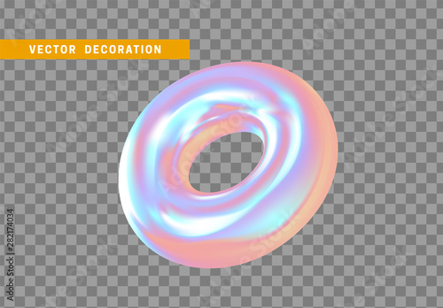 Realistic 3d shape torus, donut objects with gradient holographic color of hologram. Geometric decorative design elements isolated on transparent background. vector illustration.