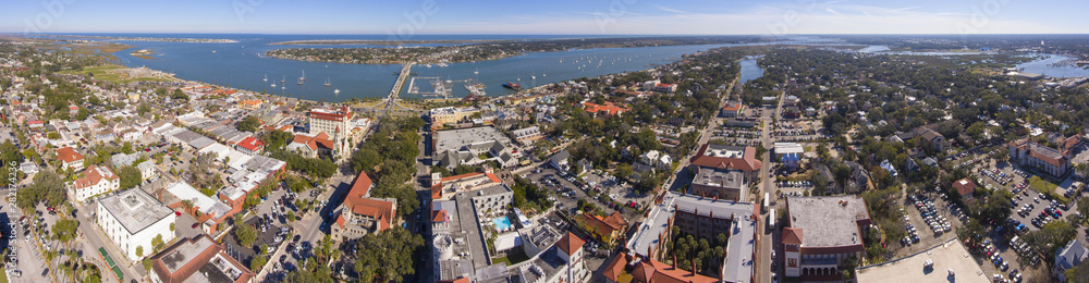 St. Augustine city aerial view including Plaza de la Constitucion, Cathedral Basilica of St. Augustine and Governor House panorama, St. Augustine, Florida, USA.