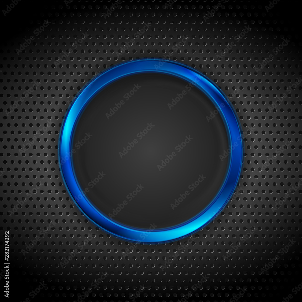 Blue glossy circle frame on dark perforated background. Abstract technology futuristic ring. Vector design Blue glossy circle frame on dark perforated background. Abstract technology futuristic ring. Vector design