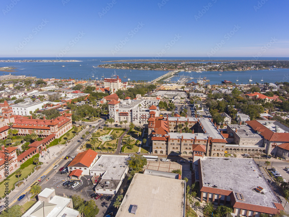 Aerial view of Lightner Museum with Spanish Renaissance Revival style and Matanzas River in St. Augustine, Florida, USA.