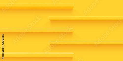 Yellow 3d shelf on the wall. Wooden horizontal realistic empty shelf