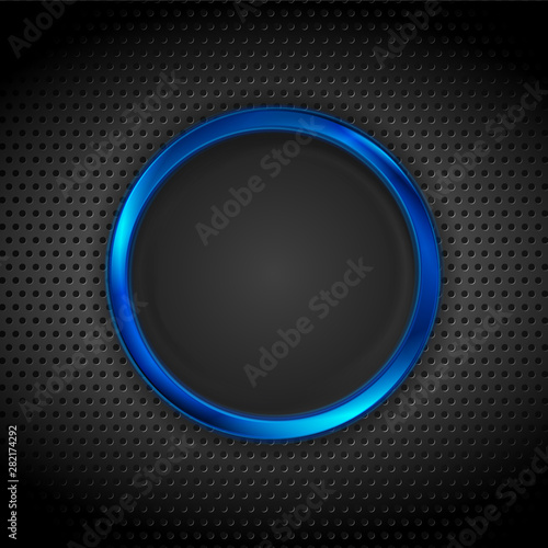 Blue glossy circle frame on dark perforated background. Abstract technology futuristic ring. Vector design