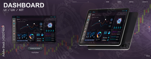 Modern infographic dashboard with web app UI with graphs round bars and charts. Vector admin creative workflow panel design, processing and analysis of data. Infographic dashboard vector Mockup