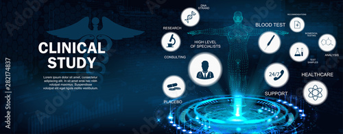 Clinical Study Concept banner with keywords and icons and 3D body hologram. Healthcare modern examination of human health and proper treatment. Full support. Vector illustration, Medical concept