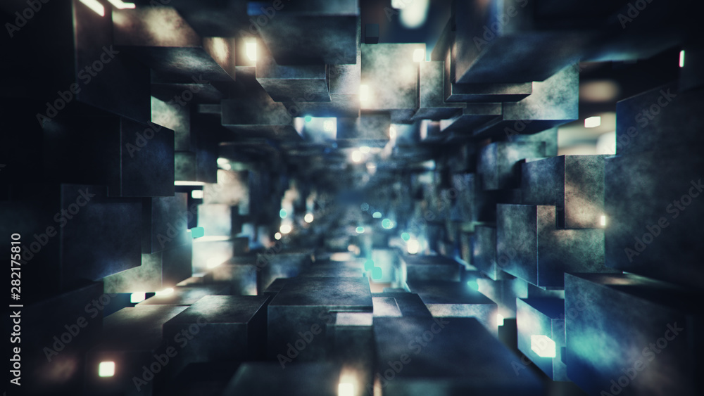 Sci-fi corridor with fluorescent lights 3D render
