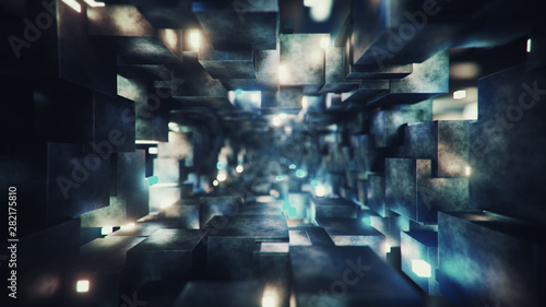 Sci-fi corridor with fluorescent lights 3D render