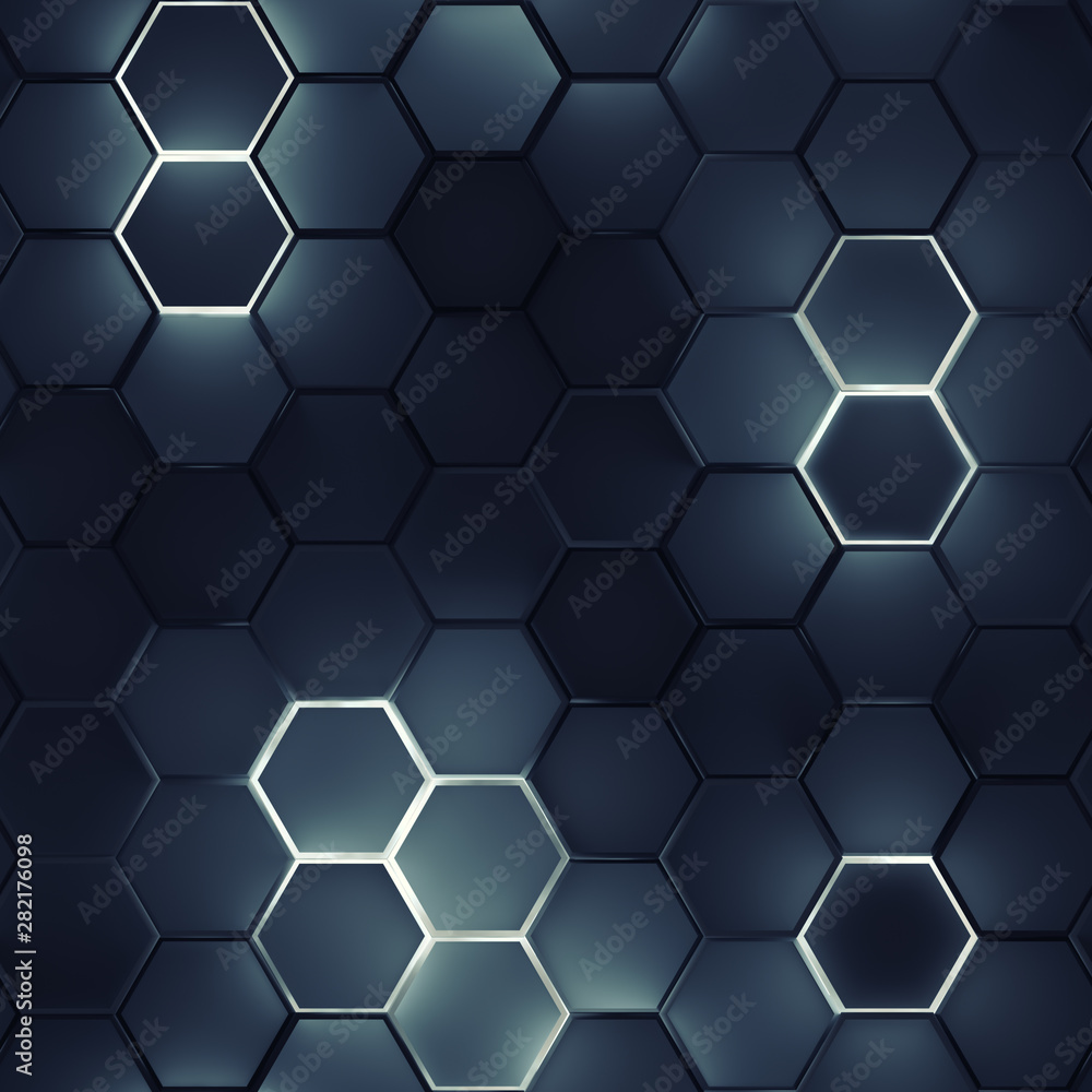 Seamless pattern of glowing hexagons 3D render Seamless pattern of glowing hexagons 3D render