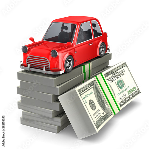 car and money on white background. Isolated 3D illustration