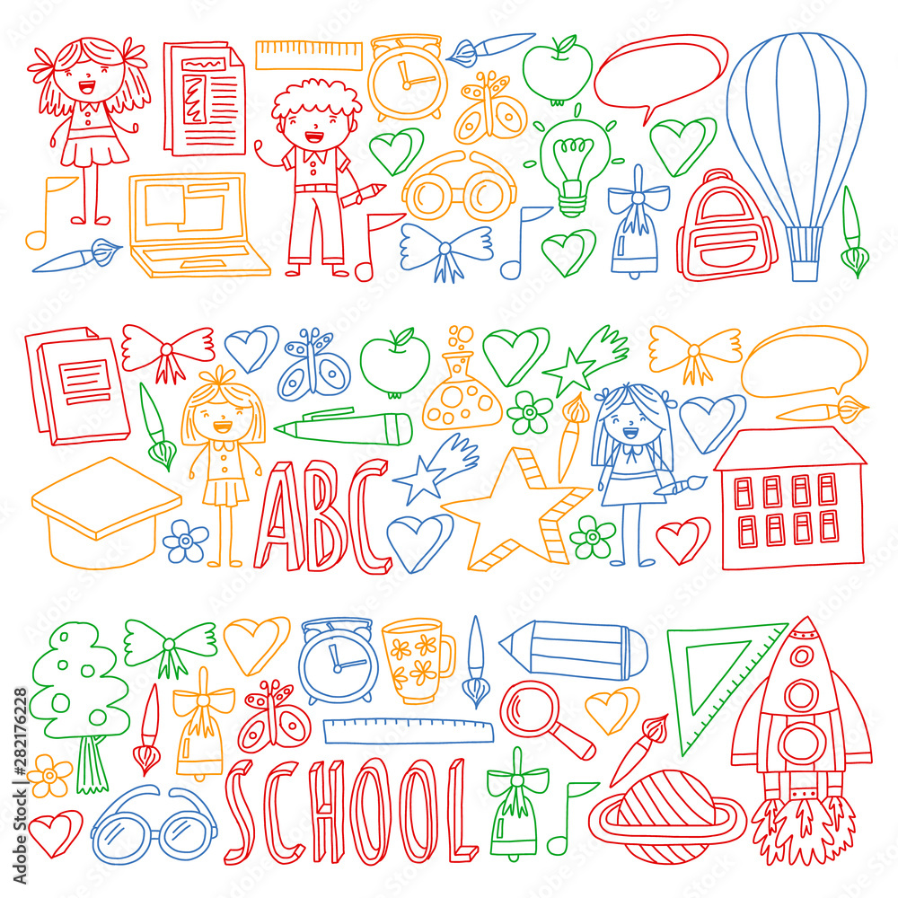 Vector set of Back to School icons in doodle style. Painted, colorful, pictures on a piece of paper on white background.