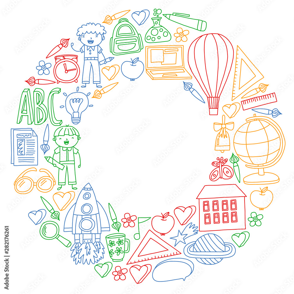 Vector set of Back to School icons in doodle style. Painted, colorful, pictures on a piece of paper on white background. Vector set of Back to School icons in doodle style. Painted, colorful, pictures on a piece of paper on white background.