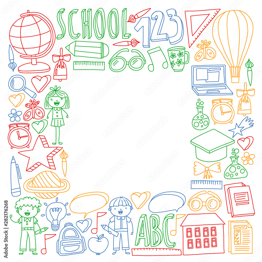 Vector set of Back to School icons in doodle style. Painted, colorful, pictures on a piece of paper on white background.
