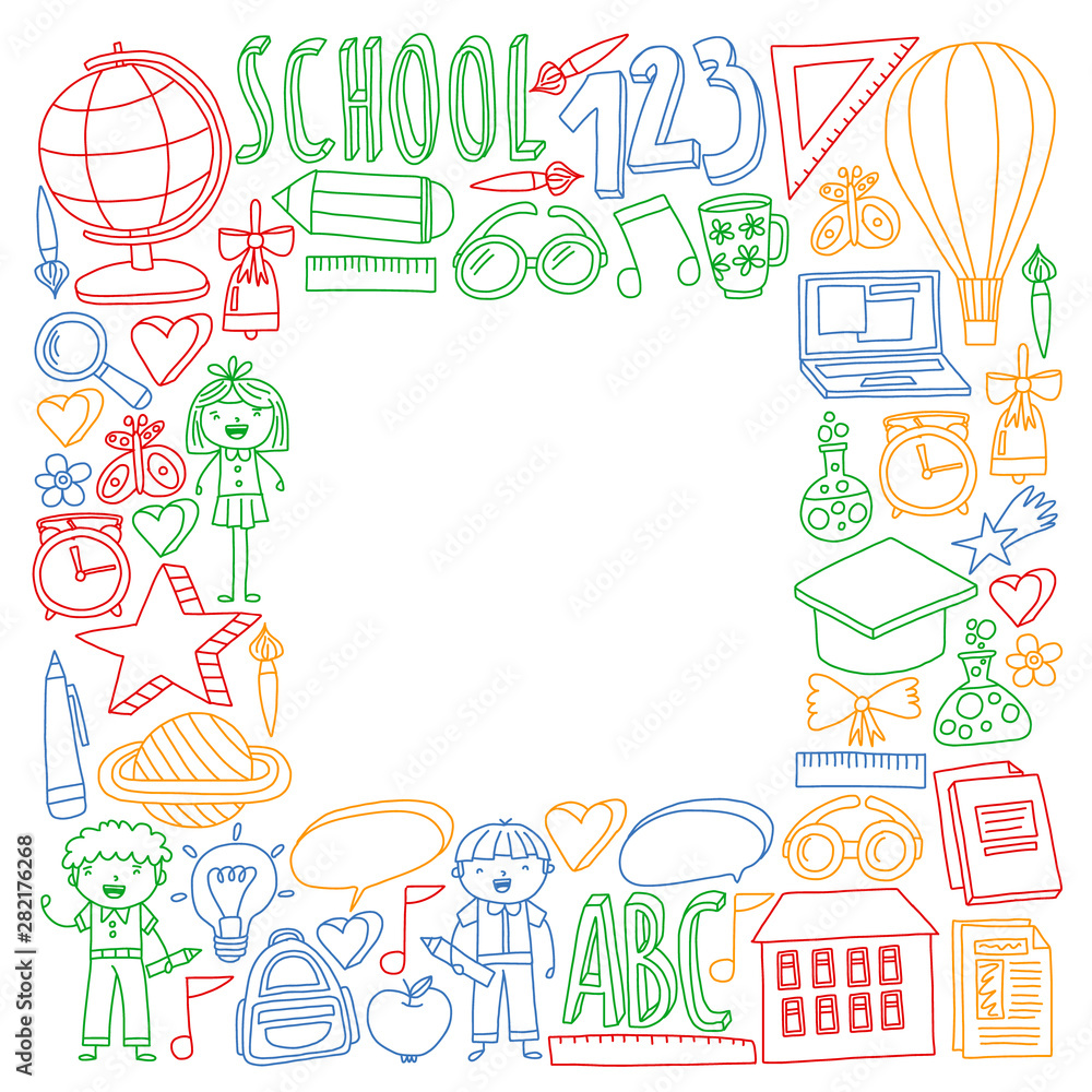 Vector set of Back to School icons in doodle style. Painted, colorful, pictures on a piece of paper on white background. Vector set of Back to School icons in doodle style. Painted, colorful, pictures on a piece of paper on white background.